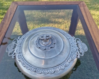 Vintage Italian 95% pewter sugar bowl, handcrafted with decorated lid and handles.