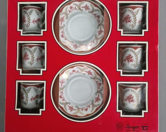 Set of 6 Jaeger Bavaria porcelain moka cups – with saucers and original 1960s box