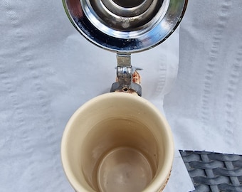 Vintage German ceramic beer mug with pewter lid