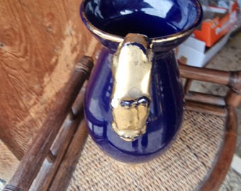 Vintage CWO Bavaria vase – cobalt blue ceramic with gold handles – classic German style from the 1960s