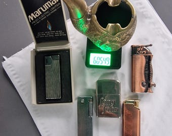 Vintage Gentleman Smoking Desk Set – Heavy Brass Pipe Ashtray 605g – Maruman Lighter in Box – Mid Century 1970s