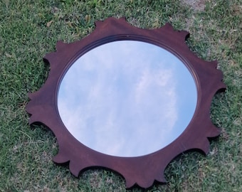 Jupiter's Beard Mid-Century Style - Vintage Round Wooden Mirror with Petal Edge, 1960s/1970s