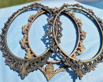 Set of 3 Vintage Ornate Metal Oval Frames – Rococo Baroque Style – Scroll and Leaf Wall Art – Empty Frames