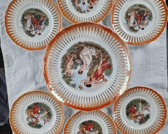 Union K Vintage Porcelain Openwork Dinner Set – Made in Czechoslovakia – 7 Pieces with Classic Romantic Scenes