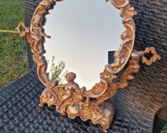 Vintage table mirror in real bronze – Baroque style with cherubs and shell