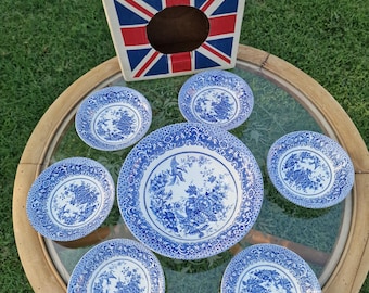 Vintage English Ironstone Set – 7 Piece Blue and White with Original Box – Staffordshire Ironstone Tableware – Never Used