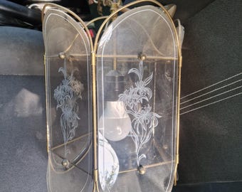 Vintage brass lamp with engraved glass in Liberty style, Floral