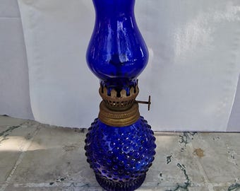 vintage cobalt blue glass oil lamp