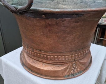 Large Antique Copper Cauldron – Late 19th Century – Fireplace Cauldron Transformed into a Planter – Authentic Rustic Decor – Ø 40 cm
