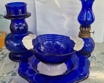 Vintage cobalt blue glass set – 4 assorted pieces from the 60s and 70s