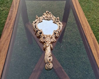 Vintage Baroque Rococo Style Gold Hand Mirror, Decorative Resin Mirror, Retro Vanity Decoration