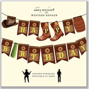 Western Birthday Banner - Printable Cowboy Party Decor, Rustic Happy Birthday Sign, Wild West Party Bunting, Instant Download