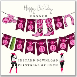 Pink Western Birthday Banner - Printable Cowgirl Party Decor, Rustic Happy Birthday Sign, Wild West Party Bunting, Instant Download