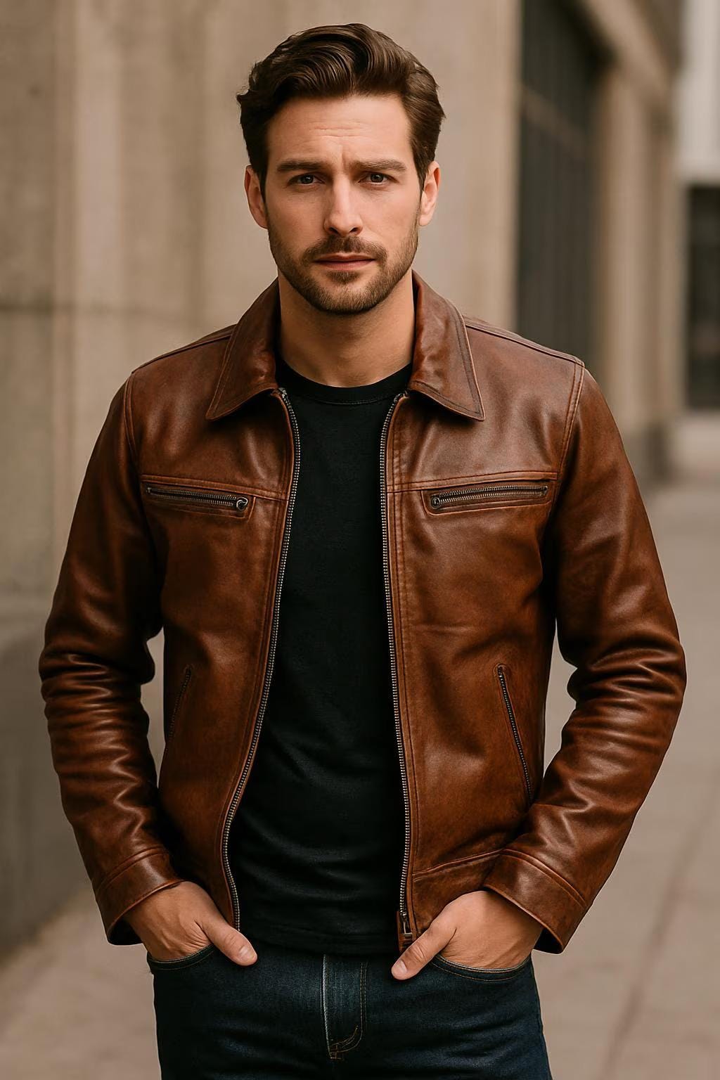 Italian Handmade Men Genuine Lambskin Leather Jacket Brown