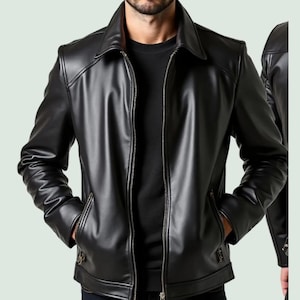 May include: A black leather jacket with a collared neckline and a zipper closure. The jacket has two front pockets and a tailored fit. The jacket is a classic style, suitable for various occasions.