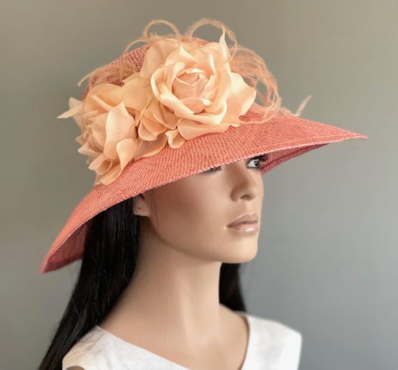 Wedding Hat, Royal Ascot Hat, Ladies Formal Hat, Women's Peach Hat, Dressy Hat, Women's Coral Wide Brim Hat, Church Hat, Derby Hat