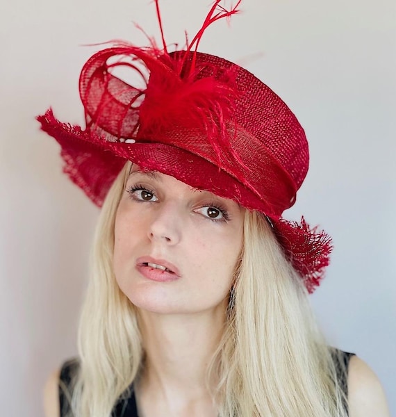 Kentucky Derby Hat, Women's Red Straw Hat, Wedding Guest Hat, Royal Ascot Hat, Red Boater Hat, Ladies Formal Red Hat, Races Hat