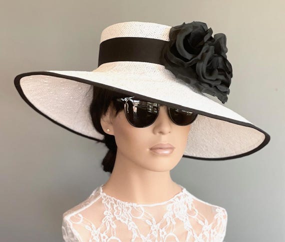 Derby Hat, Wide Brim Black and White Hat Wedding Guest Hat, Garden Party Hat, Wide Brim Formal  Hat Ascot Hat Special Occasion Hat Races Hat