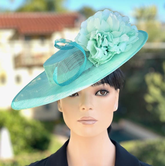 Derby Hat Wedding Hat, Turquoise Derby Hat, Aqua Ascot Hat, Church Hat Women's Formal Hat Vintage Style, Kentucky Derby Hat, Saucer Disc Hat