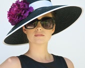 Wedding Hat Audrey Hepburn Hat. Church Hat Formal Black and White hat Derby Day Hat Wide Brim Black and White Hat, Mother of Bride Groom Hat