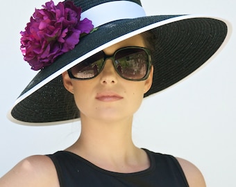 Kentucky Derby Hat, Wedding Hat, Audrey Hepburn Hat. Church Hat, Formal Black and White hat, Women's Ascot Hat, Wide Brim
