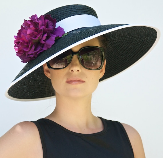 Wedding Hat Audrey Hepburn Hat. Church Hat Formal Black and White hat Derby Day Hat Wide Brim Black and White Hat, Mother of Bride Groom Hat