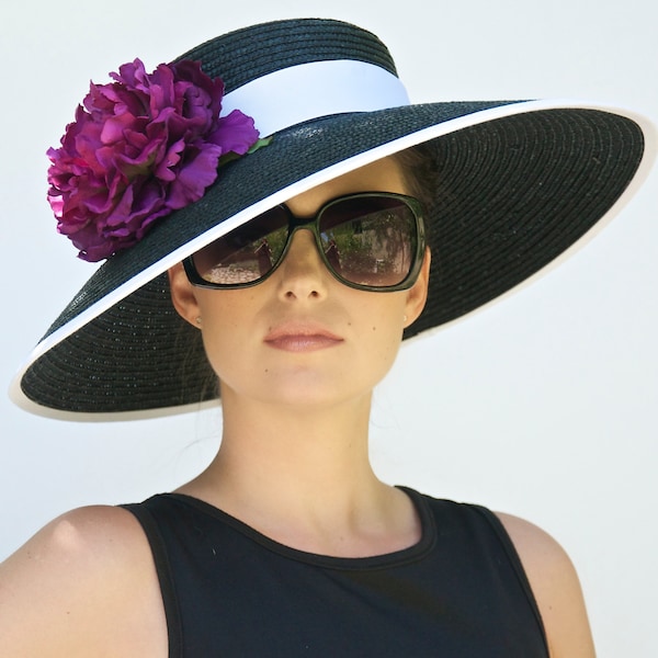 Kentucky Derby Hat, Wedding Hat, Audrey Hepburn Hat. Church Hat, Formal Black and White hat, Women's Ascot Hat, Wide Brim