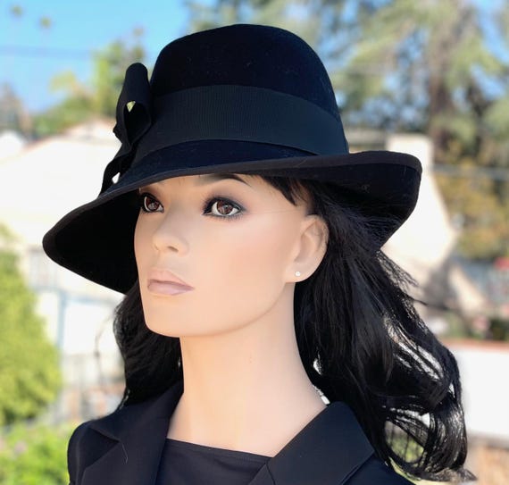 Women's Formal Black Fedora,  Black Wool Felt Winter Hat, Casual Black Bucket Hat, Ladies Black Fedora  Derby Hat, Black Tailored Sporty Hat