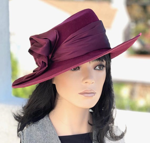 Burgundy Wool Felt Dress Hat, Ladies Formal Burgundy Winter Hat, Handmade Millinery, Wedding Guest Hat, Wide Brim Hat, Church Hat