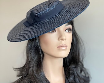Women's Navy Boater Hat Wedding Hat Kentucky Derby Hat Princess Kate Hat Ladies Navy Formal Hat Wide Brim Hat Mother of Bride and Groom Hat