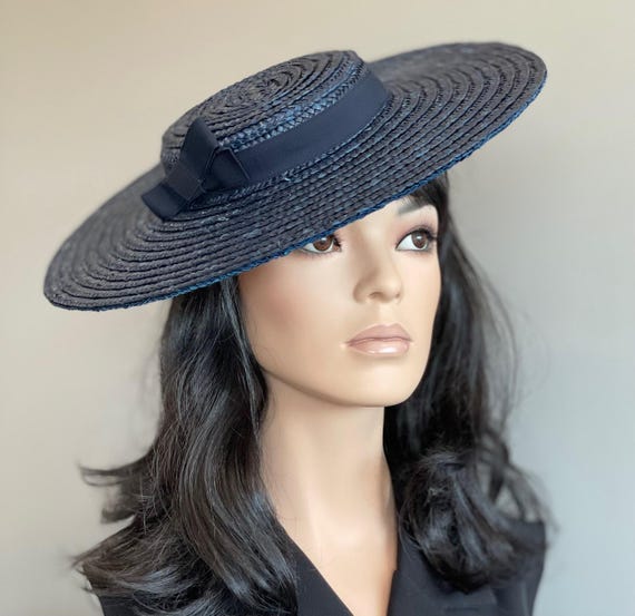 Women's Navy Boater Hat Wedding Hat Kentucky Derby Hat Princess Kate Hat Ladies Navy Formal Hat Wide Brim Hat Mother of Bride and Groom Hat