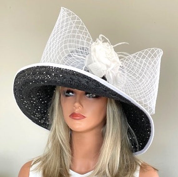 Kentucky Derby Hat, Wide Brim Black and White Hat, Derby Hat, Ascot hat, Church Hat, Formal Hat Big Hat Dressy Hat  Occasion Event Hat
