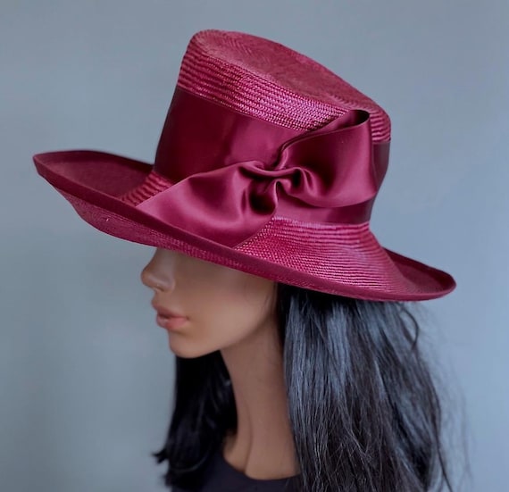 Women's Formal Wine Wide Brim Hat, Derby Hat Wedding Guest Hat Royal Ascot Hat Ladies Wine Straw Hat, Wide Brim Hat Fedora Princess Kate Hat
