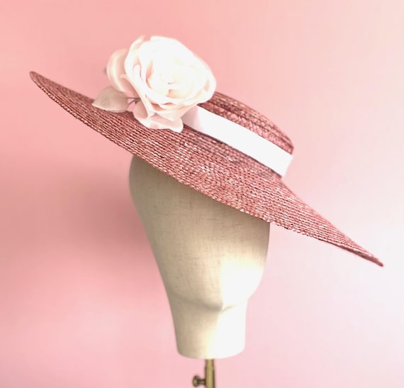 Women's Pink Kentucky Derby Hat, Women's Formal Wide Brim Boater Hat, Wedding Guest Hat Royal Ascot Hat Pink Boater Hat Women's Race Day Hat