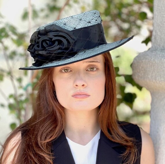 Women's Blue Boater Hat Formal Straw Royal Ascot Hat Ladies Light Blue Boater Hat Ladies Regatta Hat Vintage Edwardian Hat Dapper Day Hat