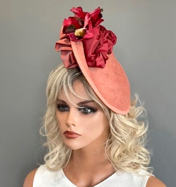 Women's Kentucky Derby Hat, Formal Hat, Wedding Hat, Saucer Hat, Royal Ascot Hat, Duchess Of Cambridge Disc Hat. Women's Coral Hat