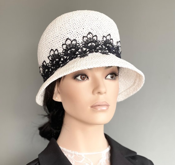 Women's Back and White Cloche Hat, Ladies Formal Black White Hat, Wedding Hat, Women's 1020s 1930s Cloche Hat, Church Hat, Downton Abbey Hat