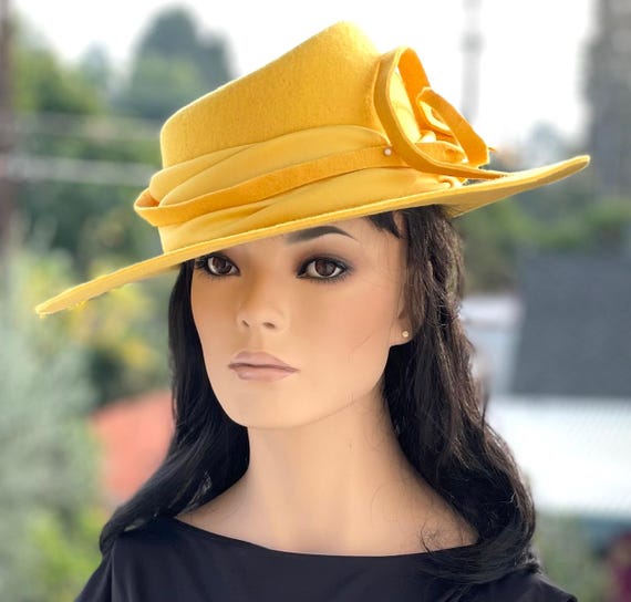 Yellow Wide Brim Formal Wool Felt Hat, Women's Yellow Winter Dressy Hat, Winter Wedding Guest Hat