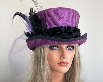 Women's Purple Formal Hat, Ladies Purple Races Hat,  Wedding Hat Church Hat Formal Black Purple Hat Derby Hat Dressy Easter Hat Occasion hat