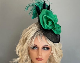 Kentucky Derby Fascinator Hat, Women's Black Saucer Hat, Women's Emerald Green Formal Hat, Wedding Hat. Ladies Formal Hat, Dressy Hat