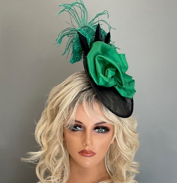Kentucky Derby Fascinator Hat, Women's Black Saucer Hat, Women's Emerald Green Formal Hat, Wedding Hat. Ladies Formal Hat, Dressy Hat