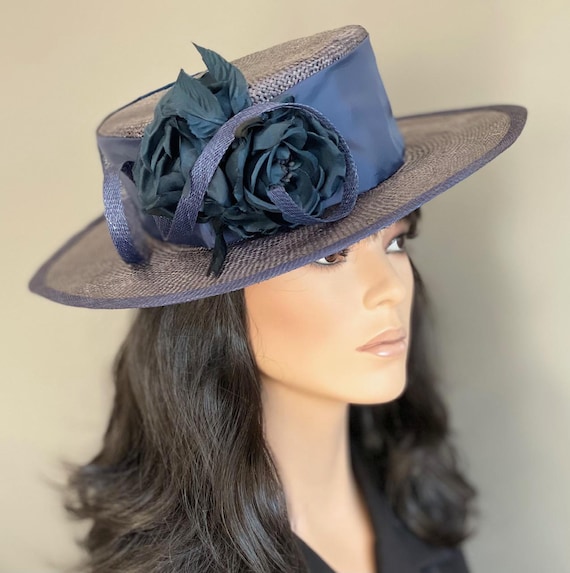Women's Navy Boater Hat, Wedding Hat, Formal Navy Wide Brim Hat, Mother of Bride Hat, Mother of Groom Hat Women's Derby Races Hat Church Hat