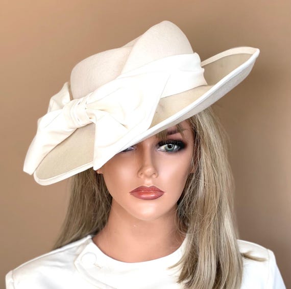 Women's Formal Wool Felt Hat Taupe Ivory Hat Wedding Guest Hat Derby Hat Royal Ascot Millinery Races Hat, wide brim Fedora church