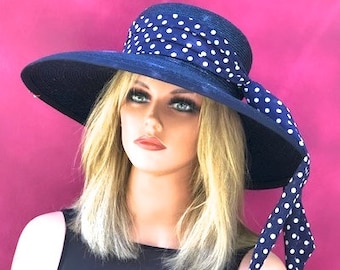 Women's Navy Hat, Kentucky Derby Hat, Wedding Hat, Ladies Navy Blue Hat, Polka Dot Hat, Church Hat, Mother of Bride Hat Mother of Groom Hat