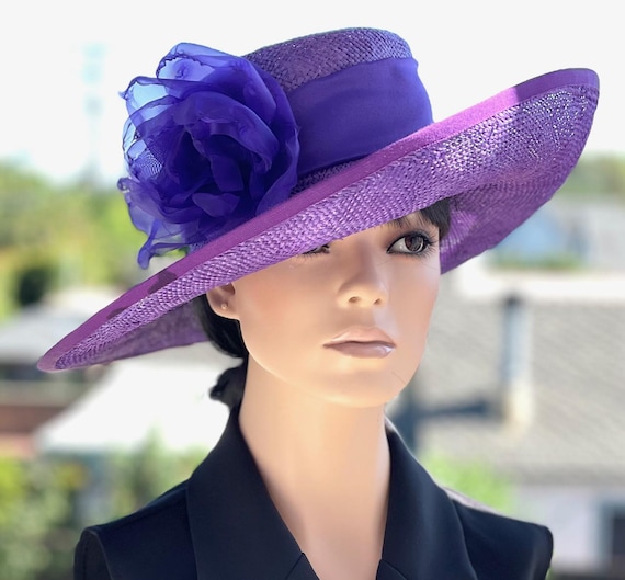 Derby Hat, Women's Wide Brim Purple Hat, Royal Ascot Hat, Wedding Hat, Races Hat, Women's Formal Hat, Church Hat