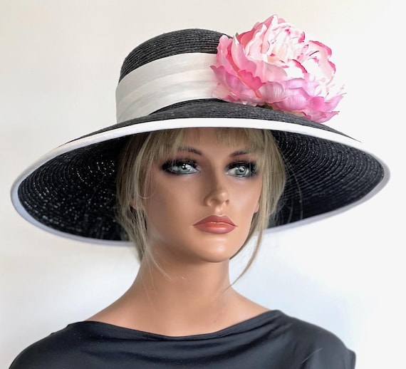 Kentucky Derby Hat, Wide Brim Black Hat, Black Church Hat, Wedding Hat, Royal Ascot Hat, Audrey Hepburn Hat, Women's Formal Pink White Hat