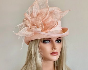 Women's Peach Kentucky Derby Hat, Ladies Formal Hat, Wedding Hat, Peach Top Hat, Women's Easter Hat, Ascot Hat, Women's Feather Hat,
