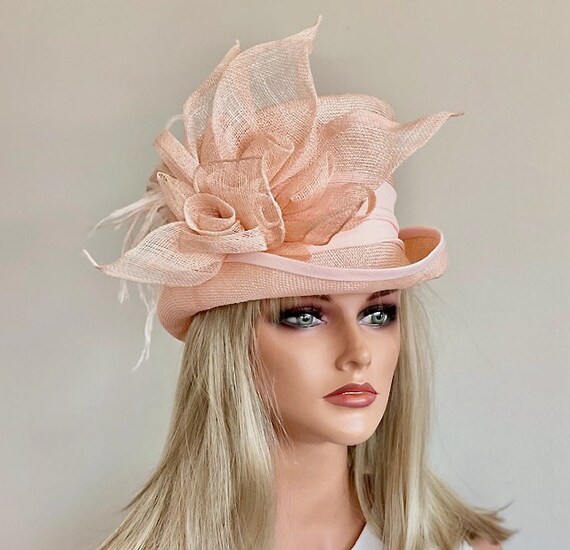 Women's Peach Kentucky Derby Hat, Ladies Formal Hat, Wedding Hat, Peach Top Hat, Women's Easter Hat, Ascot Hat, Women's Feather Hat,