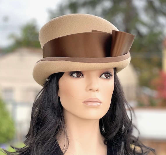 Women's Camel Tan Wool Felt Hat, Ladies Women's Fall WinterTop Hat, Church Hat, Cheltenham Races Hat, Winter Wedding Guest Hat