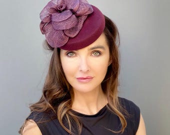 Women's Burgundy Wool Felt Winter Hat, Women's Formal Winter Hat, Burgundy Fascinator, Winter Wedding Hat, Women's Winter Church Hat